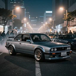 a car S30 turbo drift at illegal car meet, shibuya prefecture, midnight mist streetlights, color grade, photorealistic, highly detailed wheels, highly detailed