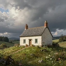 beautiful matte painting of a cottage on a hill whimsical by brian kesinger