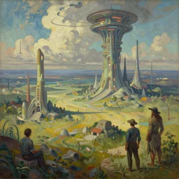 A beautiful landscape painting of dystopian future by Alfons Maria Mucha and guido borelli da caluso and don bluth, trending on artstation, octane render, photo realistic