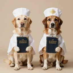 two dogs dressed like mormon missionaries, holding the book of mormon