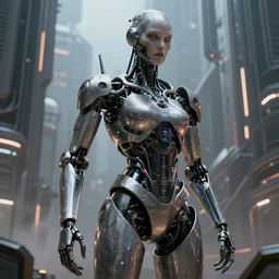 ultra realistic, cyborg in a space metropolis, sci-fi, cyberpunk, concept art, intricate details, eerie, highly detailed, octane render, 8k, , art by artgerm and greg rutkowski and alphonse mucha
