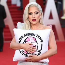 lady gaga holding a steven typer pillow on the red carpet