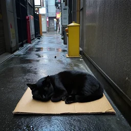 a rainy cyuberpunk neo tokyo alley with a black cat sleeping on a piece of cardboard on the floor, photo, 4 k