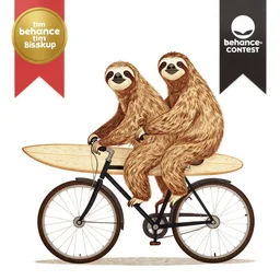 a couple of sloths riding a bike with a surfboard, a woodcut by tim biskup, behance contest winner, folk art, woodcut, egyptian art, picasso, a screenprint by tom bonson, behance, folk art, whimsical, stipple, storybook illustration
