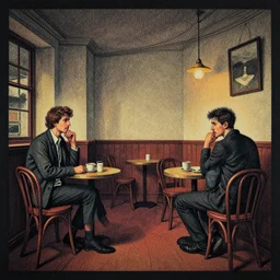 finely stippled illustrated portrait of a victorian cafe interior, colorful, ( ( mads berg ) ), christopher balaskas, ( ( victo ngai ) ), rich grainy texture, detailed, dynamic composition, dramatic gradient lighting, wide angle, muted color, matte print, dark tint