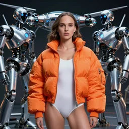 beautiful portrait, natalie portman, wearing oversized orange puffy bomber jacket and white leotard, futuristic chrome drones, ultra realistic, dramatic lighting, robots, tron legacy artifacts, highly detailed by peter mohrbacher, wayne barlowe, boris vallejo, aaron horkey, gaston bussiere, craig mullins