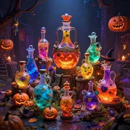 colorful potions at the halloween harvest festival, volumetric lighting, 8 k octane beautifully detailed render, post - processing, extremely hyper - detailed, intricate, epic composition, cinematic lighting, masterpiece, trending on artstation, detailed detailed detailed, masterpiece, stunning art by anders zorn, wonderful masterpiece by greg rutkowski, beautiful cinematic light,