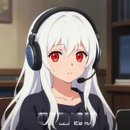 anime visual of a cute girl, with + ( ( red eyes ) ) + long white hair + ( ( wearing a headset in her room interior ) ), poster by ilya kuvshinov, masakazu katsura, makoto shinkai