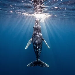 a grey whale vertical in the ocean, exquisite detail, sunbeams piercing the water, beneath the surface, deep wisdom, oceanic blue, epic, amazing, Sony alpha, photograph, National Geographic