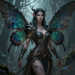 portrait of a powerful female fae warrior with big wings, character design, original art by greg rutkowski, art by wayne reynolds, anna dittmann, fae, fairy, faewild, dark - fae, changling, butterfly wings