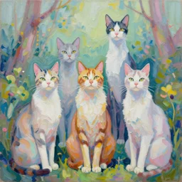 highly detailed contemporary acrylic painting of really tall sitting cats by joe fenton, thick brush strokes and visible paint layers, dense overgrown forest background, vivid pastel color scheme