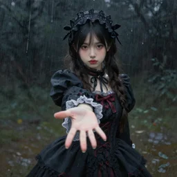 cute girl in gothic dress stretched out her hand forward, it's raining in the dark, oil painting,