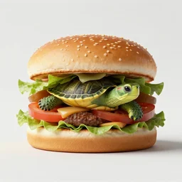 hamburger with a turtle between the buns, commercial photograph