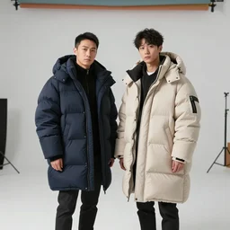 a photo of two guys in a film studio wearing gigantic, oversized down jackets