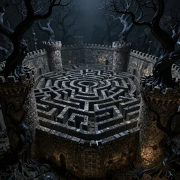 dense dark maze, tall cobbled walls, gnarled black trees, night, volumetric lighting, 8 k octane beautifully detailed render, post - processing, extremely hyper - detailed, intricate, epic composition, intricate, trending on artstation, stunning art by anders zorn, wonderful masterpiece by frank frazetta