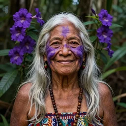 a beautiful portrait of a smiling indigenous old woman healer with white long hair in the amazon jungle surrounded by purple flowers of brunfelsia grandiflora, purple face paintings, matte painting, by christophe vacher