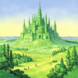 art by moebius, landscape, emerald city,