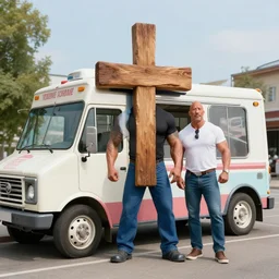 realistic still of potrait of cross between dwayne johnson and an ice cream truck, by arne olav gurvin fredriksen, biomorphic, hybrid, 8 k, 8 5 mm, f. 1 4, beautiful composition,