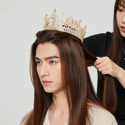handsome man with shiny and silky long hair getting hair styled by a hair queen wearing a golden crown studded with sparkling diamonds, mobius
