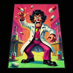 black light poster painting in a vibrant color style of 70's black poster art of an a crazy pharmacist character throwing pill capsules at camera, epic scale ultrawide angle, 3D  rendered, Vray rendered, octane render, unreal engine