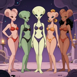 Intergalactic Beauty Pageant with extraterrestrial alien females in swimsuits by Mort Kunstler and Gil Elvgren
