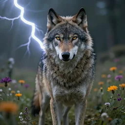 A high fantasy wolf girl standing in the middle of the field of flowers, by Eddie Mendoza, face close up, official media, beautiful, detailed, high quality, wallpaper 4K, epic, trending on artstation and behance, dynamic lightning
