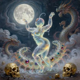 concept art of translucent glowing centipede dancing, big booty, flowy, melting, round moon, swirly clouds, very detailed, volumetric light, mist, fine art, textured oil over canvas, dragons, epic fantasy art, very colorful, ornate intricate scales, gold skulls, fractal gems, 8 k, hyper realistic, high contrast