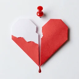paper origami broken heart thumbtack pinned to a wall bleeding heart bloody art