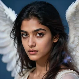 priya sree as an angel with wings, single head, hyper realistic face, beautiful eyes, fantasy art, in the style of greg rutkowski, illustration, epic, fantasy, intricate, hyper detailed, artstation, concept art, smooth, sharp focus, vibrant
