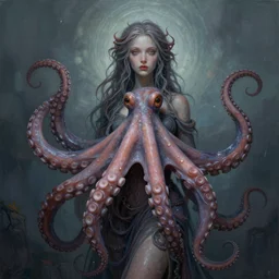 a painting of a woman is made with octopus octopus tentacles, 3 d, digital art by charlie bowater, trending on artstation, fantasy art, lovecraftian, mystical, wiccan