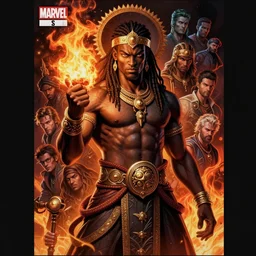 african god shango, fire, dim light, front game card, marvel comics, dark, intricate, highly detailed, smooth, artstation, digital illustration by ruan jia and mandy jurgens and artgerm and wayne barlowe and greg rutkowski and zdislaw beksinski.