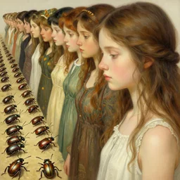 hundreds of beetles lined up as a beautiful girl, highly detailed, digital painting, artstation, sharp focus, illustration, art by tan zi and ayanamikodon and alphonse mucha and wlop