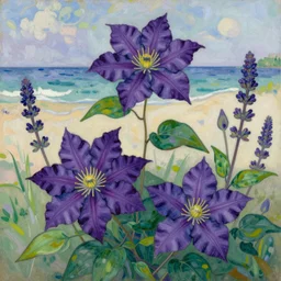 botanical illustration purple clematis purple salvia, beach background, style of gauguin