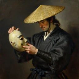 portrait of a samurai wearing a rice hat picking up a samurai mask, by jacques - louis david by mattias adolfsson, by moebius, trending on artstation, featured on pixiv, masterpiece, oil on canvas, cinematic composition, dynamic beautiful lighting,
