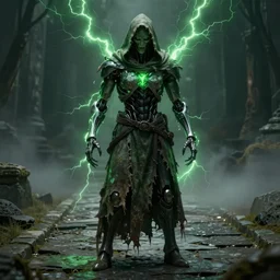 character design, biomechanical arcanist, stone pathway, tattered robe and hood, green lightning, fog, scary, arrogant, hostile, photorealistic, cinematic, hyper realistic, octane render, 8 k, full shot