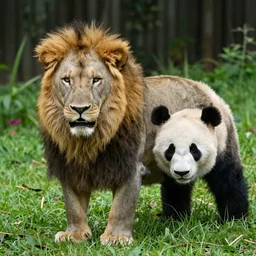 a panda lion!!! hybrid! hyper realistic!! realistic lighting!! wildlife photographer of the year!!! bold natural colors, national geographic, hd, wide angle, 8 k