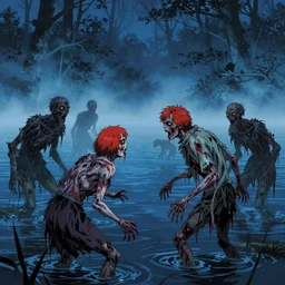 psychotic zombie flesh eating redheads battle swamp creatures from hell in a misty blue lake near a forest at midnight, yasushi nirasawa style