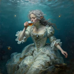 a 1 8 th century, messy, silver haired, ( ( ( mad ) ) ) elf princess ( look like ( ( young kate winslet ) ) ), dressed in a frilly ( ( ragged ) ), wedding dress, is ( ( drinking a cup of tea ) ). everything is underwater! and floating. greenish blue tones, theatrical, ( ( underwater lights ) ) fantasy oil canvas by jakub rozalski, jan matejko,