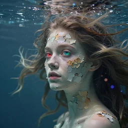three-quarters portrait, skin flaking off like burnt paper, different colored multicolored eyes, long flowing hair underwater, imagination cosmic dream, dreamy, 8k artgerm bokeh, award winning photography, trending on artstation, by Ivan Aivazovsky and Odilon Redon