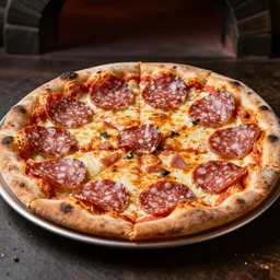 a pizza salami in a stone oven, dark background, rich detail, high contrast, warm colors,