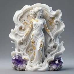 3 d pyro liquid simulation render, octane render, xparticles, white colors, female bodies, intricate details, golden fractal filigree, female body covered in white blanket, white carved abstract sculpture, amethyst mineral quartz, swirly curls, abstract white fluid, golden edges and fractals, cold colors, artstation, render, cinema 4 d, art noveau fresco