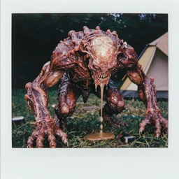 humanoid monster made with meat, ooze, slime, veins. attacking a camping, crawling, wet, photorealistic, vintage photography, color polaroid, octane render, camera pov
