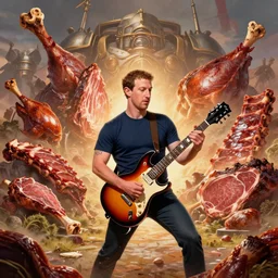 mark zuckerberg shredding on an electric guitar in fron of an epic meaty landscape of ribs and turkey legs, warhammer 4 0 k artwork