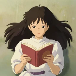 a girl reading a book!!!, hair flowing down, symmetric, anatomically correct!, by hayao miyazaki, greg rutkowski