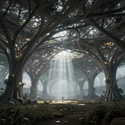futuristic branching and bifurcating and vaulted and webbed canopy structure stretching out across the countryside, beautiful dynamic lighting, cinematic, wide angle establishing shot, extremely high detail, photo realistic, cinematic lighting, post processed, concept art, artstation, matte painting, style by eddie mendoza, raphael lacoste, alex ross, volumetric lighting, light rays, photorealistic, ultrarealistic, moody, coronarender, 8k