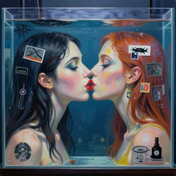 beautiful painting of two bizarre psychedelic women kissing each other closeup in an aquarium in japan, speculative evolution, mixed media collage by basquiat and alex grey, magazine collage art, sapphic art, lesbian art