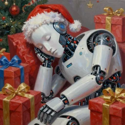robot from future, asleep at christmas. surrounded by gifts. high quality detailed face. oil painting by beeple