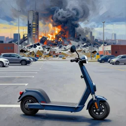 scooters in a parking lot after nuclear winter by zdzisław beksinski, digital painting, vibrant color