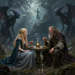 Liz (sorceress), Tim (bearded alchemist) having tea with the Voidlings (creatures of the void) | fantasy painting