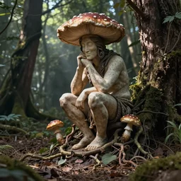 the thinker with magic mushrooms and peyote and vines at the base, sitting in the woods, etching